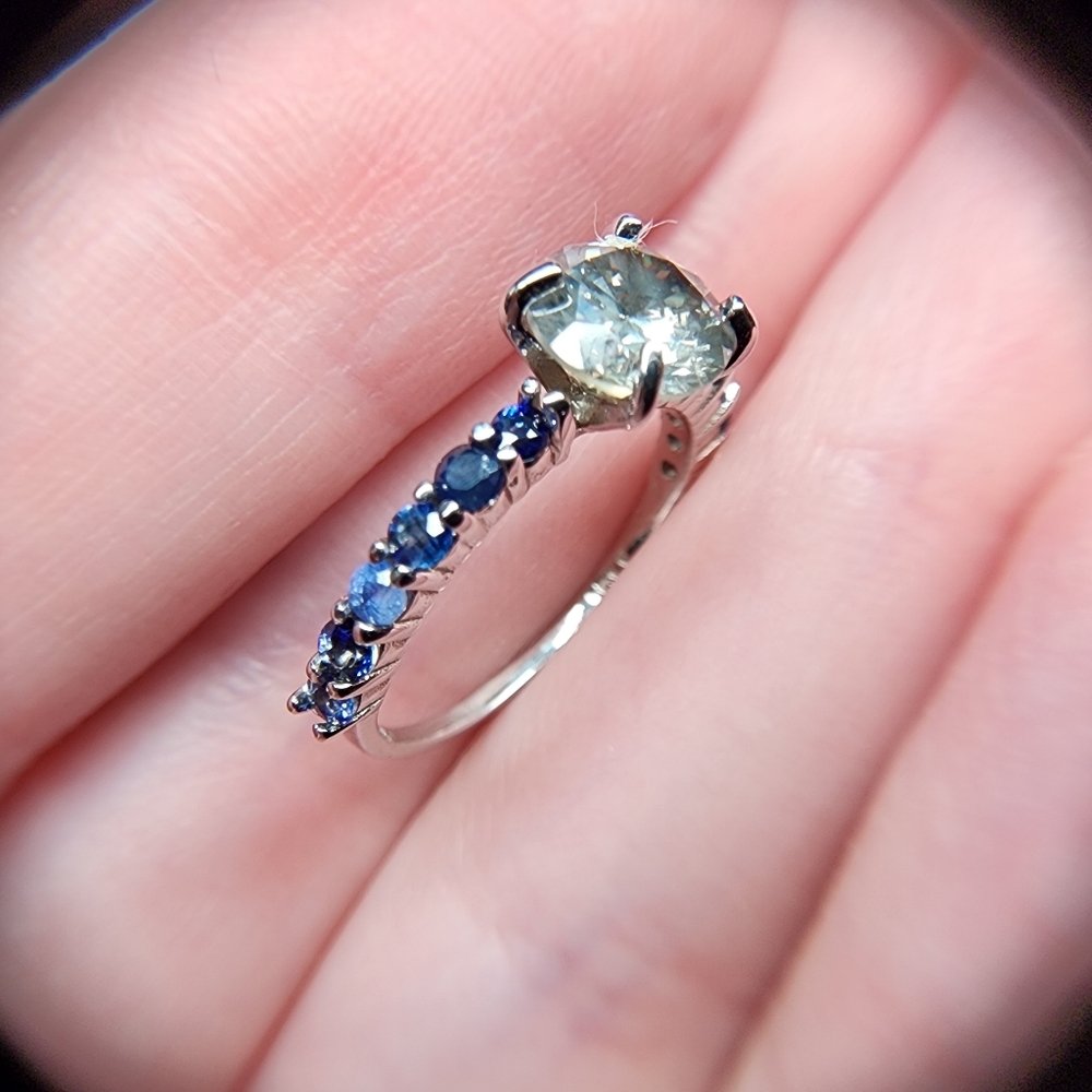 14k White Gold Natural Diamond & Variegated Sapphire Engagement Ring - Size 6